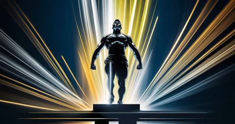 Futuristic Silhouette Person Ascending Podium with Light Beams