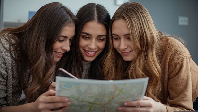 Three friends planning road trip with map and smartphone, cozy knit sweaters