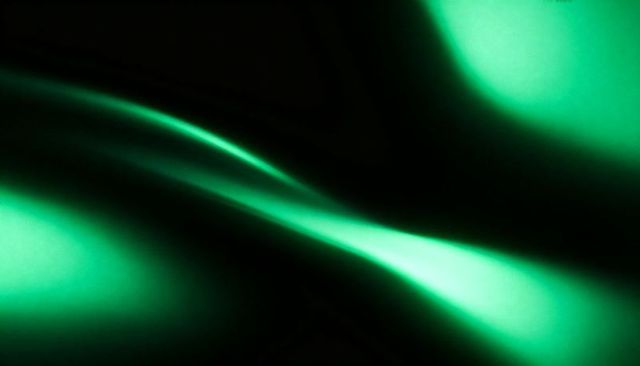Flowing teal-green light ribbon sweeping across dark background with glowing flares