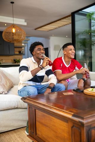 Diverse Male Friends Enjoying Drinks in Cozy Living Room