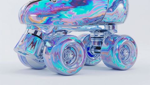 Iridescent chrome quad roller skate close-up reflective marbled wheels futuristic metallic