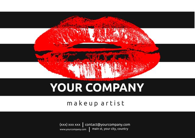 Visual shows a striking red lipstick mark on black and white stripes with placeholder text for a makeup artist's business card. Suitable for beauty professionals, branding for cosmetics businesses, and promotional materials.