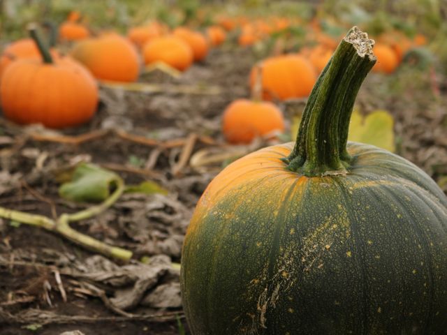 Close up view of a pumpkin in pumpkin patch field. Fall season, Thanksgiving and Halloween concept
