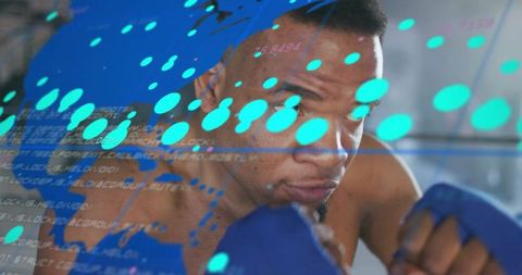 Boxer training with augmented reality overlays in gym focusing on technique and power