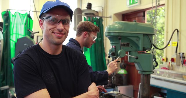 This image depicts a smiling engineer in a workshop, wearing safety glasses and a blue cap, while his colleague operates a machine in the background. It conveys themes of teamwork, manual labor, and industrial work environment. Suitable for use in articles, advertisements, or educational materials related to engineering, manufacturing, and blue-collar professions.