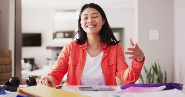 Smiling Woman Working From Home in Bright Room - Download Free Stock Images Pikwizard.com