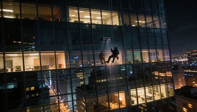Nighttime high-rise window cleaner suspended by rope wiping glass facade over city lights