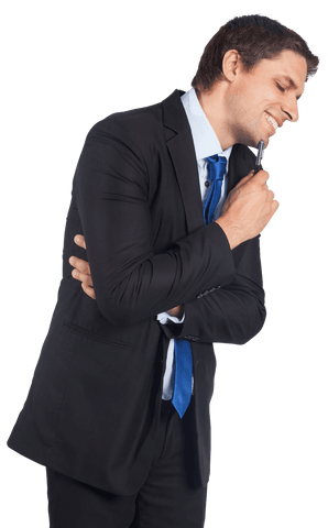Happy businessman with pen leading notebook discussion, transparent