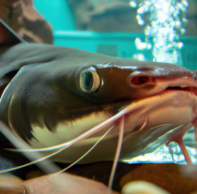 Close up of shiny brown catfish in water over blurred background. Nature, animals and fish concept.