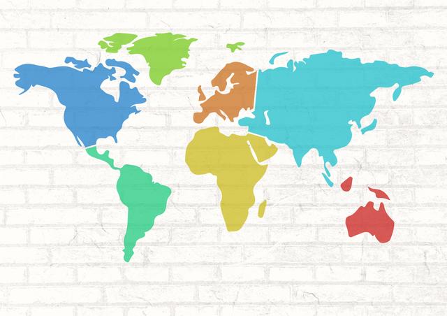Bright and colorful world map displayed on a white brick wall background. Great for educational and decorative purposes, fitting for classroom settings, travel and tourism businesses, or as a poster in offices and homes to inspire international connections and cultural awareness.