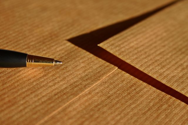 This image displays a close-up view of a pen resting diagonally on brown craft paper, highlighted by the prominent shadow cast by the pen. Ideal for websites and articles about writing, stationery products, crafting, office settings, or showcasing minimalist aesthetic in professional environments.