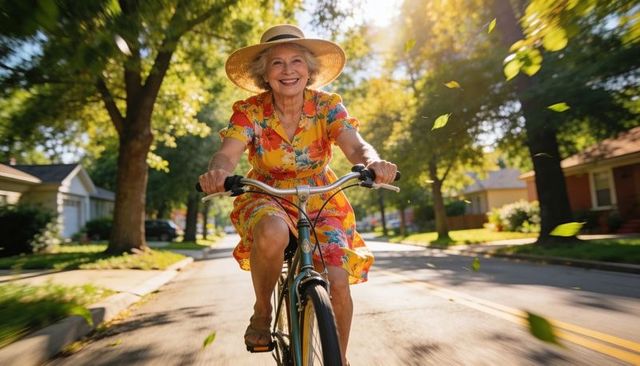 Senior woman riding bike down tree-lined suburban street wearing floral dress and straw hat