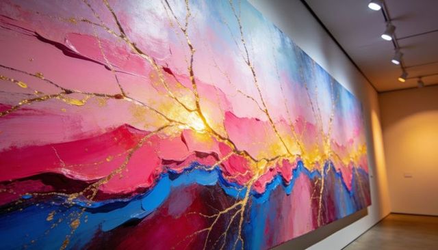 Vibrant abstract gallery canvas with thick impasto, metallic gold veins and bold color flow