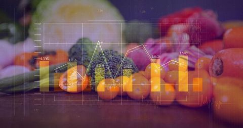 Fresh Produce Analytics Overlay Featuring Cherry Tomatoes, Carrots, Broccoli on Rustic Board