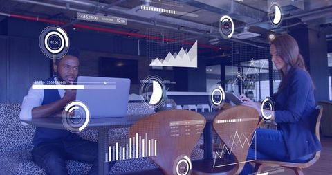 Digital interface with business team analyzing data in modern office