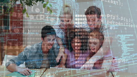 Diverse Group Collaborating on Laptop with Digital Interface Overlay