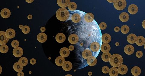 This conceptual image shows bitcoins falling around the Earth, symbolizing the global influence of cryptocurrency and technology on modern economies. It highlights connections, global finance trends, and digital assets in the digital economy era. This image is perfect for articles, presentations, or marketing material related to finance, digital currency, economic transformation, or blockchain technology.