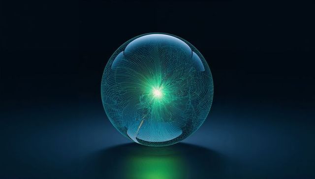 Glowing translucent sphere radiating neon green core with radial filament lines and reflection
