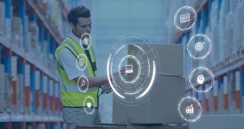 Warehouse worker scanning boxes with handheld scanner and digital HUD inventory tracking