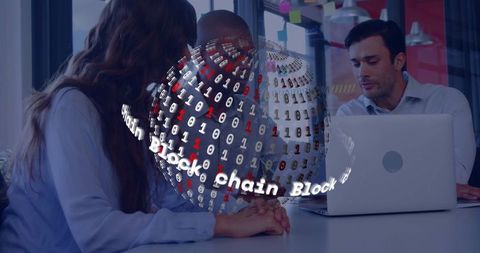 Team collaborating with digital blockchain technology sphere