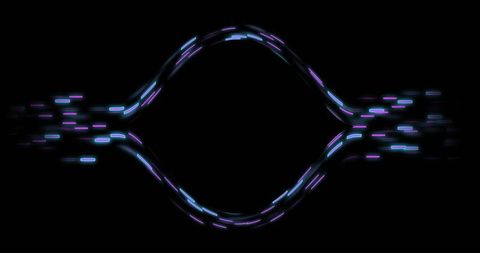 Neon cyber wave frame flowing with cyan and magenta dashes on black canvas for tech design