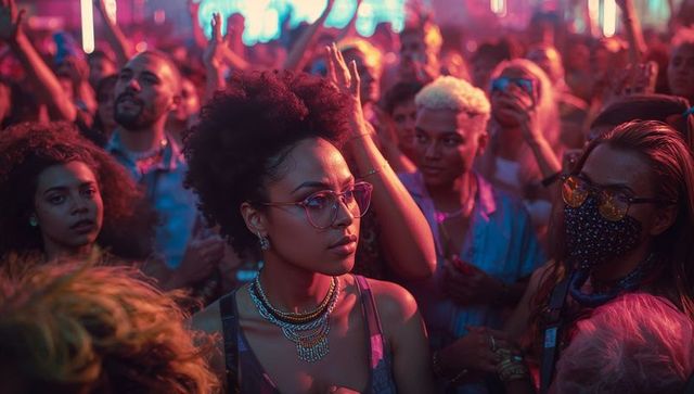 Vibrant concert crowd with woman in focus at night music festival
