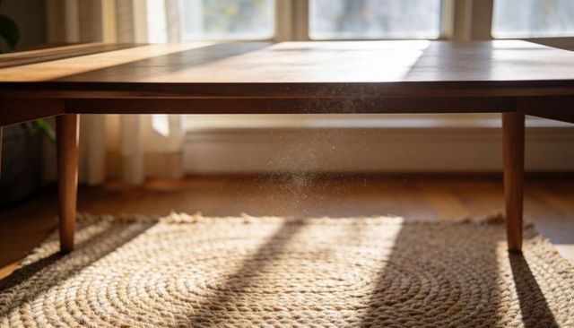 Sunlit midcentury wooden coffee table showing dust motes on jute rug and sunbeams