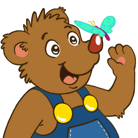 Cheerful bear with butterfly on nose, transparent background