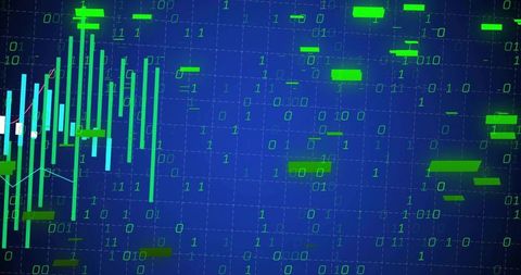 Neon Binary Finance Dashboard with Candlestick Cluster, Data Streams and Glowing Grid