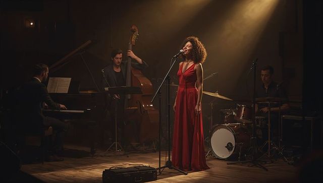 Sultry jazz vocalist singing in red gown under warm spotlight with intimate quartet