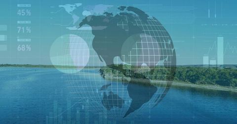 3d wireframe globe over lakeside, merging technology and nature