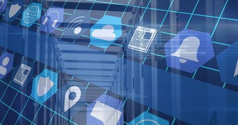 Abstract Overlay of Social Media Icons on Data Server Background