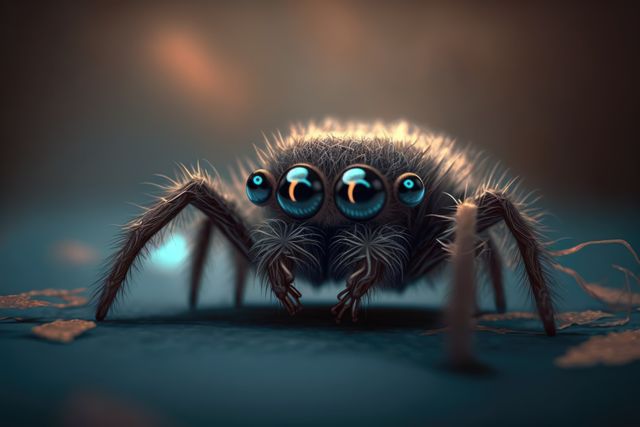 Digitally illustrated close-up of a fluffy cartoon spider with big, expressive eyes. It portrays the spider as a cute and approachable character, making it ideal for children's books, educational material, animations, and digital art decorations. Use it in projects that aim to make insects less intimidating or to add a whimsical touch.
