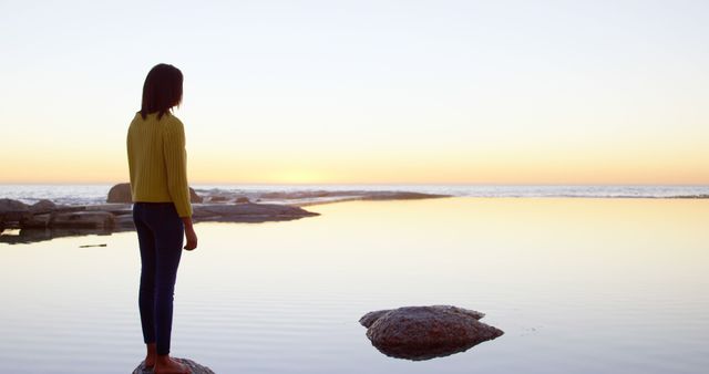 Woman Standing by Peaceful Lake at Sunset - Download Free Stock Images Pikwizard.com