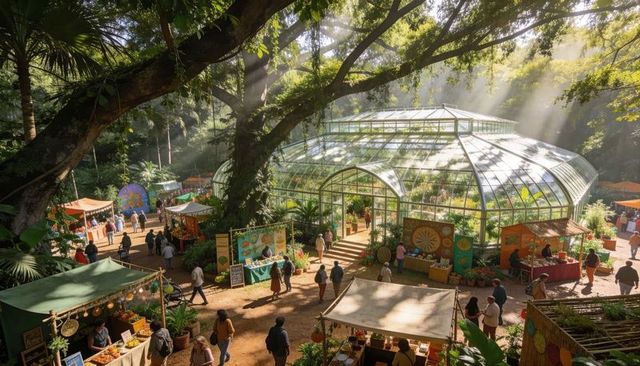 Sunlit glass greenhouse bathing botanical market with bustling outdoor vendor stalls