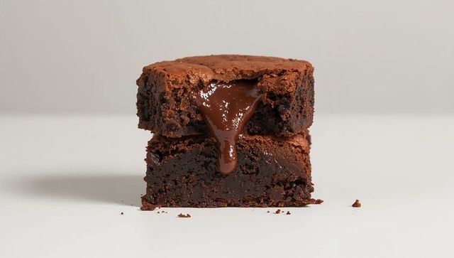 Decadent Gooey Chocolate Brownies Oozing Molten Center on White Tabletop