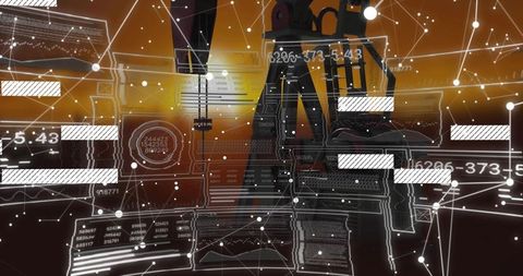 Oil pumpjack with holographic data network visualizing real-time output analytics at dusk