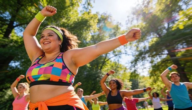 Plus-size instructor leading energetic outdoor group workout in colorful activewear