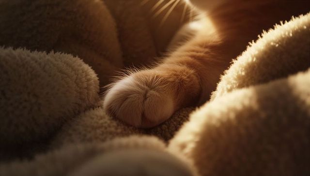Sunlit Orange Tabby Paw Resting on Plush Fleece Blanket, Cozy Closeup