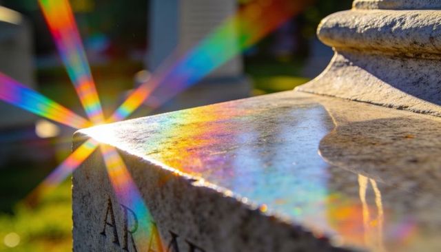 Sunburst rainbow reflecting on wet marble gravestone corner with engraved name