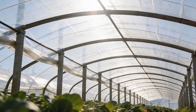 Filtering sunlight through arched high tunnel greenhouse over vibrant leafy crop rows