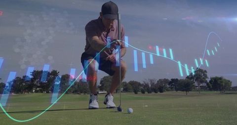 Golfer Strategically Aiming Putt with Futuristic Digital Overlay