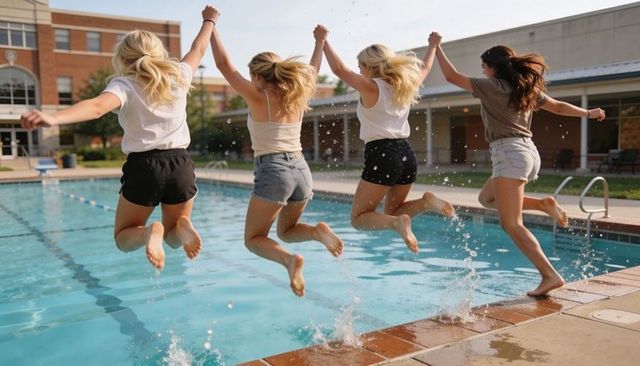 Four friends jumping into campus pool holding hands laughing together splashing summer fun