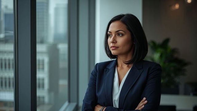 Confident businesswoman gazing at city skyline through floor-to-ceiling office window