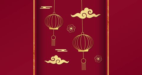 Gold Lanterns and Clouds on Red Celebrative Background