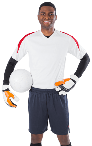 Transparent soccer goalkeeper holding ball in confident pose
