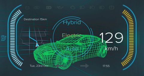 Futuristic Heads-Up Display with Wireframe Car and Speedometer Readings