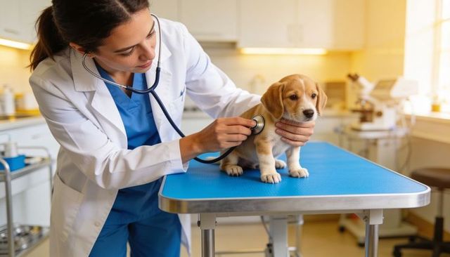 Veterinarian examining beagle puppy with stethoscope on blue clinic examination table
