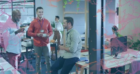 Diverse Group Discussing in Modern Office Space with Digital Overlay