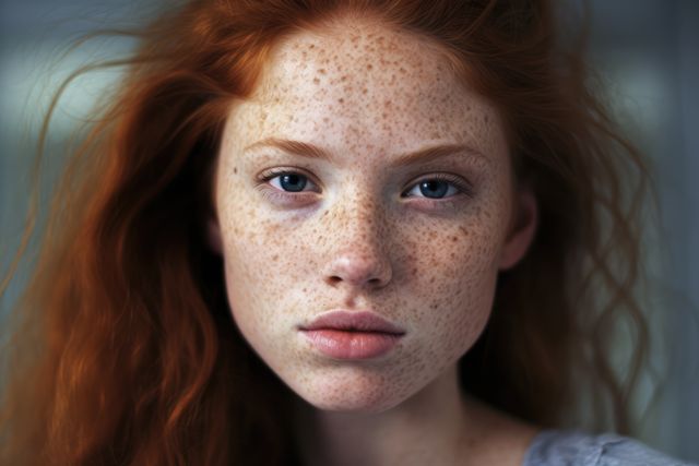Portrait of red haired girl with blue eyes and freckles, created using generative ai technology. Natural beauty, skin, sun, genetics and pigmentation concept digitally generated image.